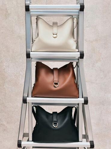 Gabine Leather Belted Hobo Bag, Black, hi-res