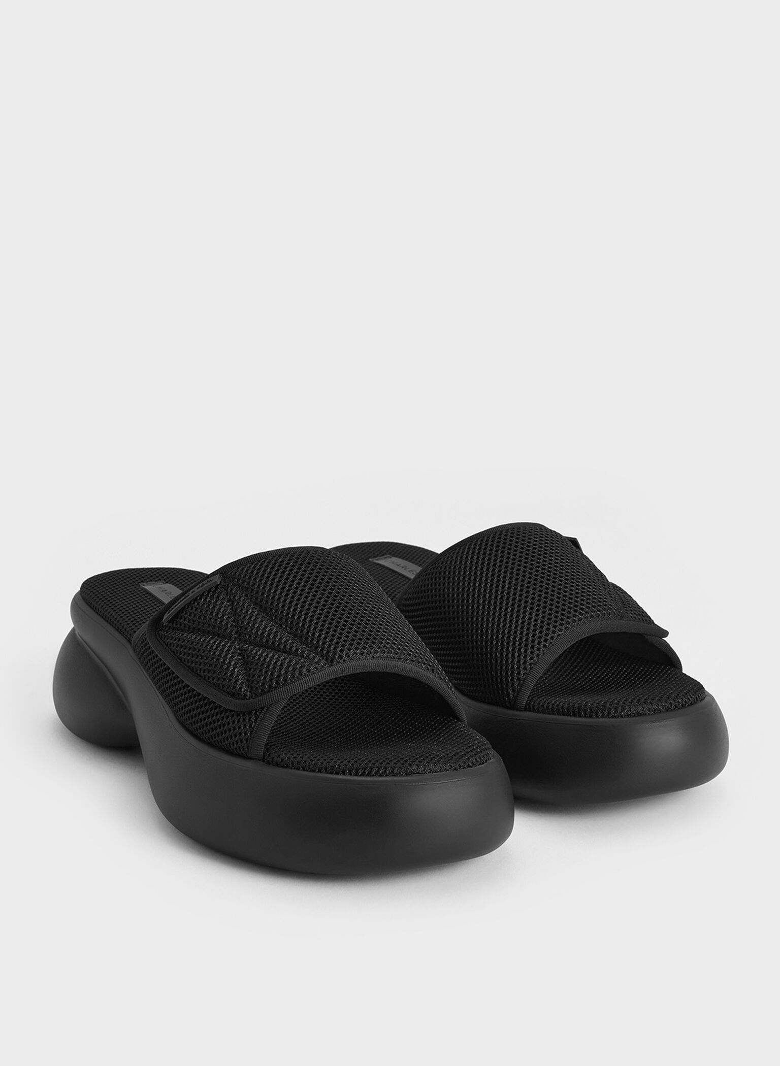 Mesh Platform Sporty Slide Sandals, Black Textured, hi-res