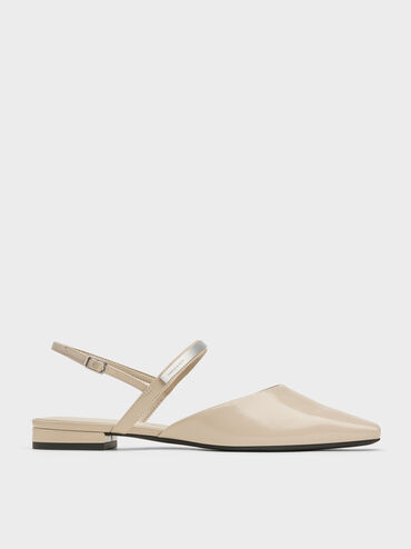 Patent Metallic-Accent Square-Toe Slingback Flats, Beige, hi-res