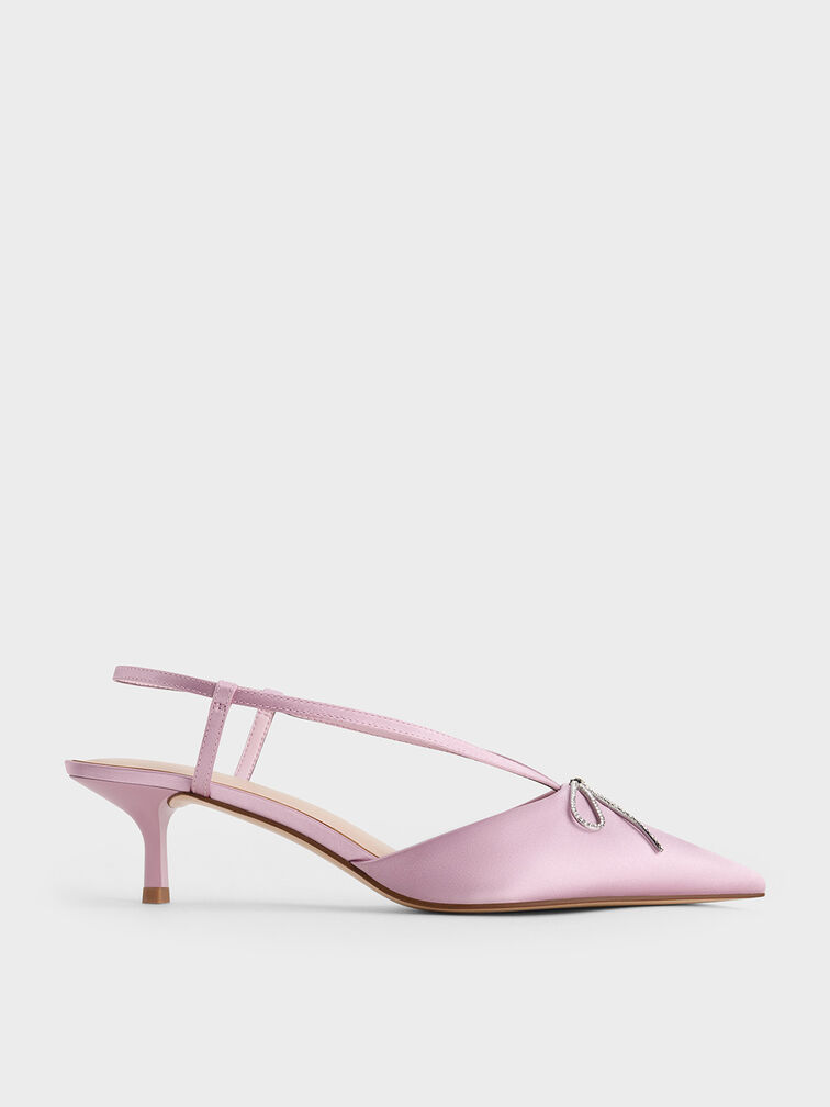 Recycled Polyester Crystal-Bow Kitten-Heel Slingback Pumps, Lilac, hi-res