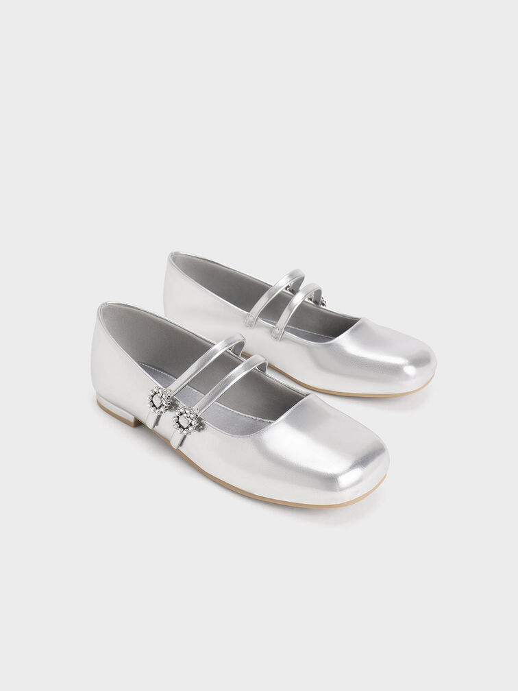 Girls' Gem-Embellished Metallic Mary Janes, Silver, hi-res