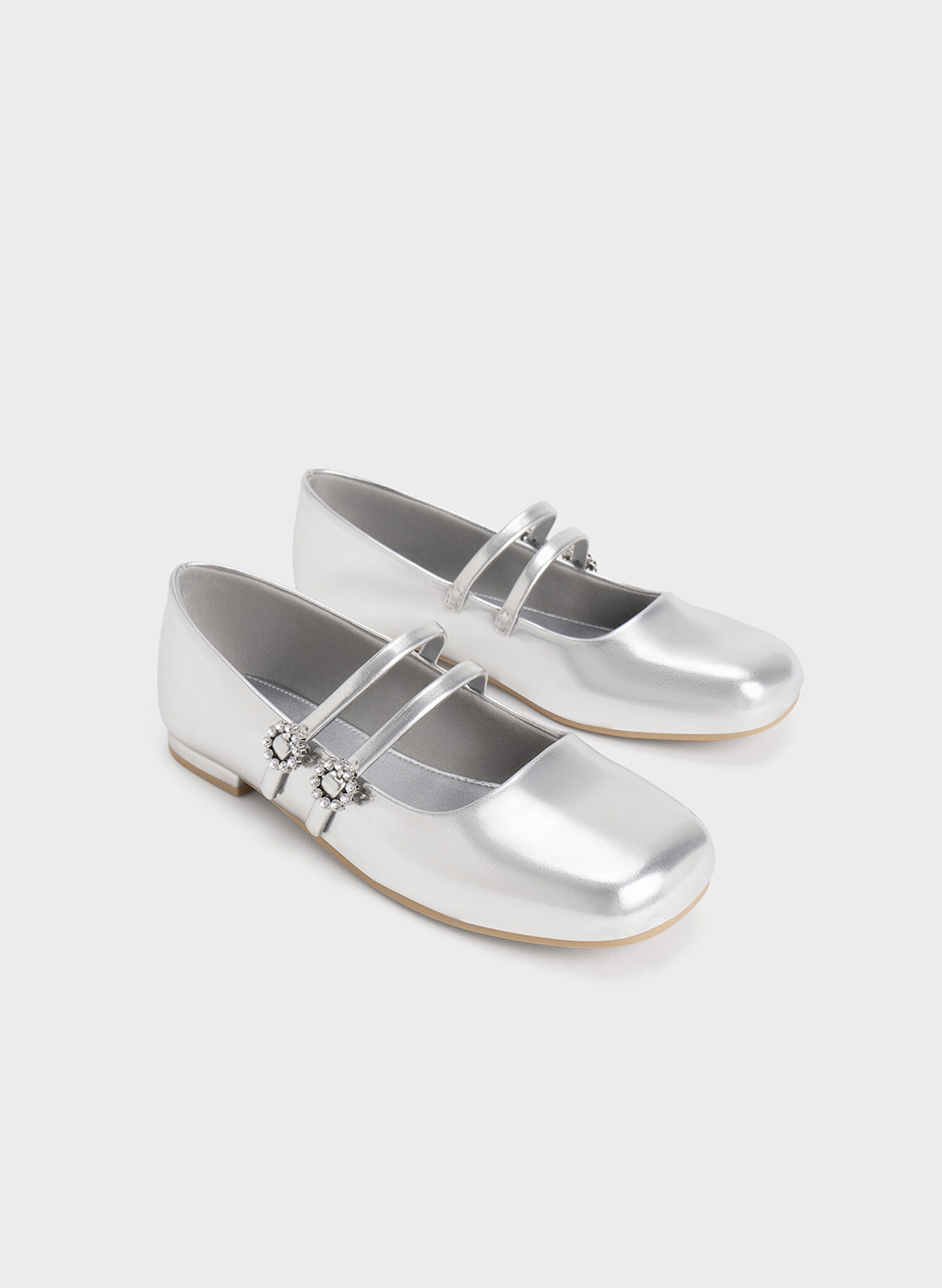 Girls' Gem-Embellished Metallic Mary Janes, Silver, hi-res