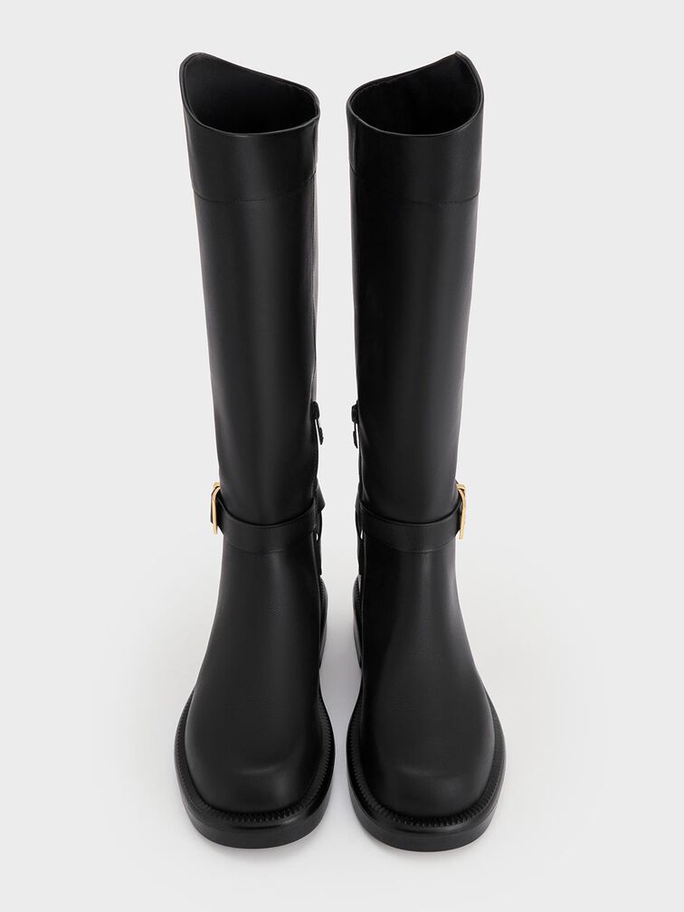 Leather Buckled-Strap Knee-High Boots, Black, hi-res