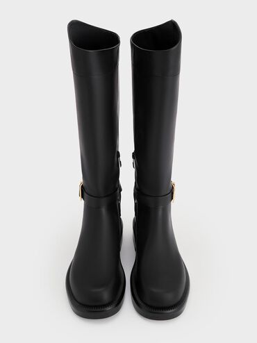 Leather Buckled-Strap Knee-High Boots, Black, hi-res