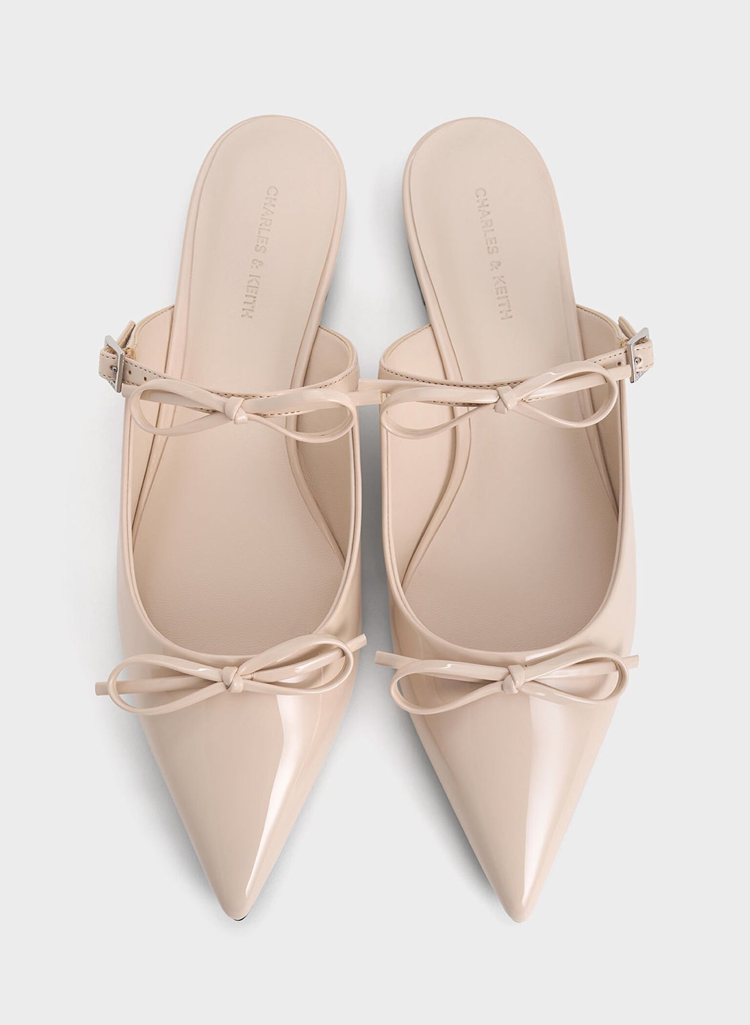 Patent Double-Bow Pointed-Toe Mules, Nude, hi-res