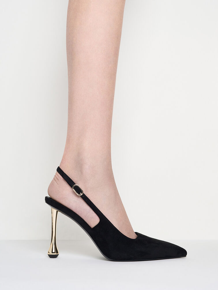 Faux Suede Sculptural-Heel Pointed-Toe Pumps, Black Textured, hi-res