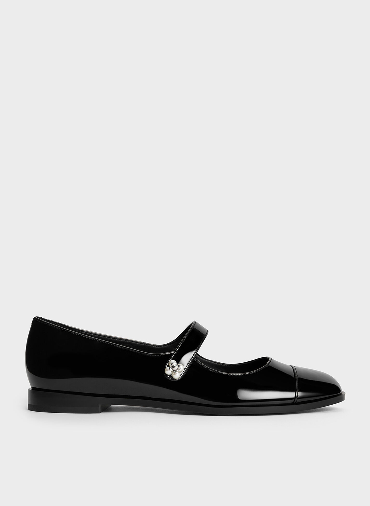 Patent Pearl-Embellished Flower-Buckle Cap-Toe Mary Janes, Black Patent, hi-res