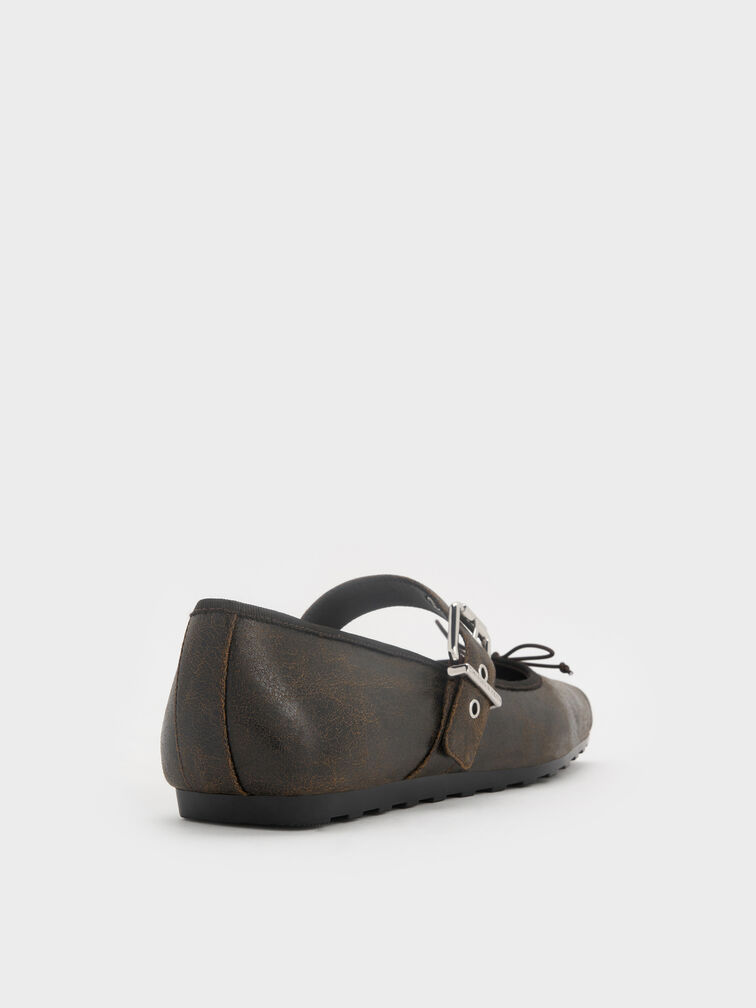 Myler Crinkle-Effect Bow Square-Toe Buckled Mary Janes, Dark Brown, hi-res