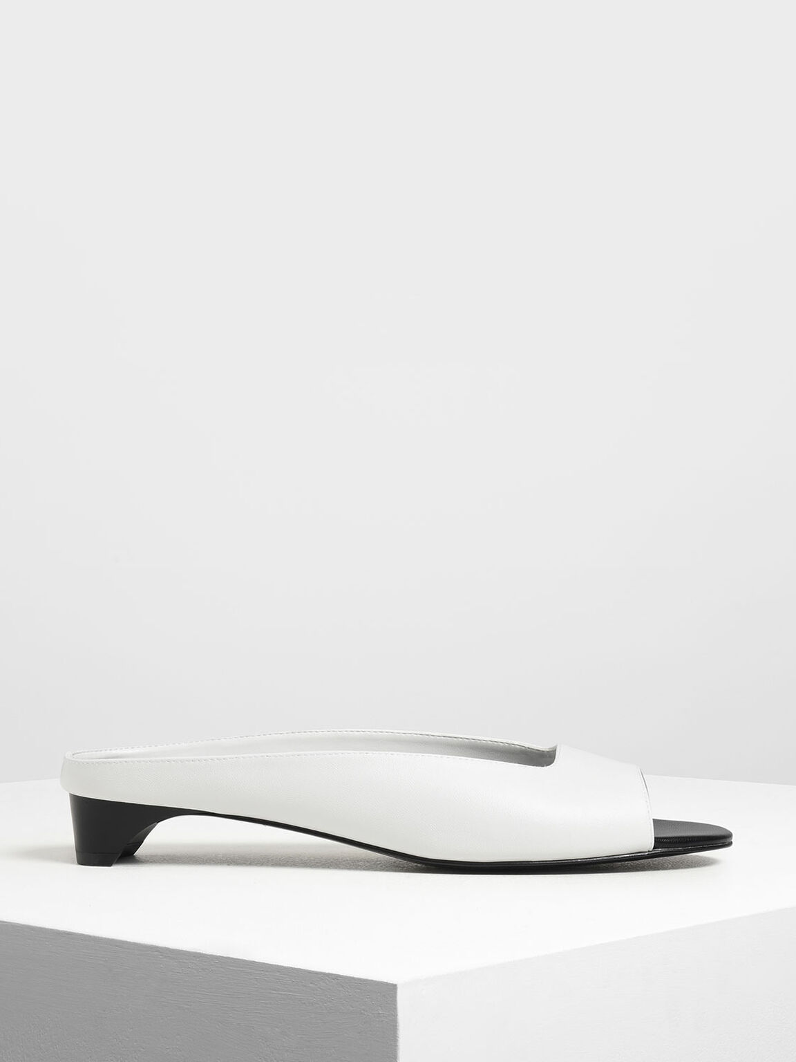 White Geometric Cut Kitten Heel Slide Sandals