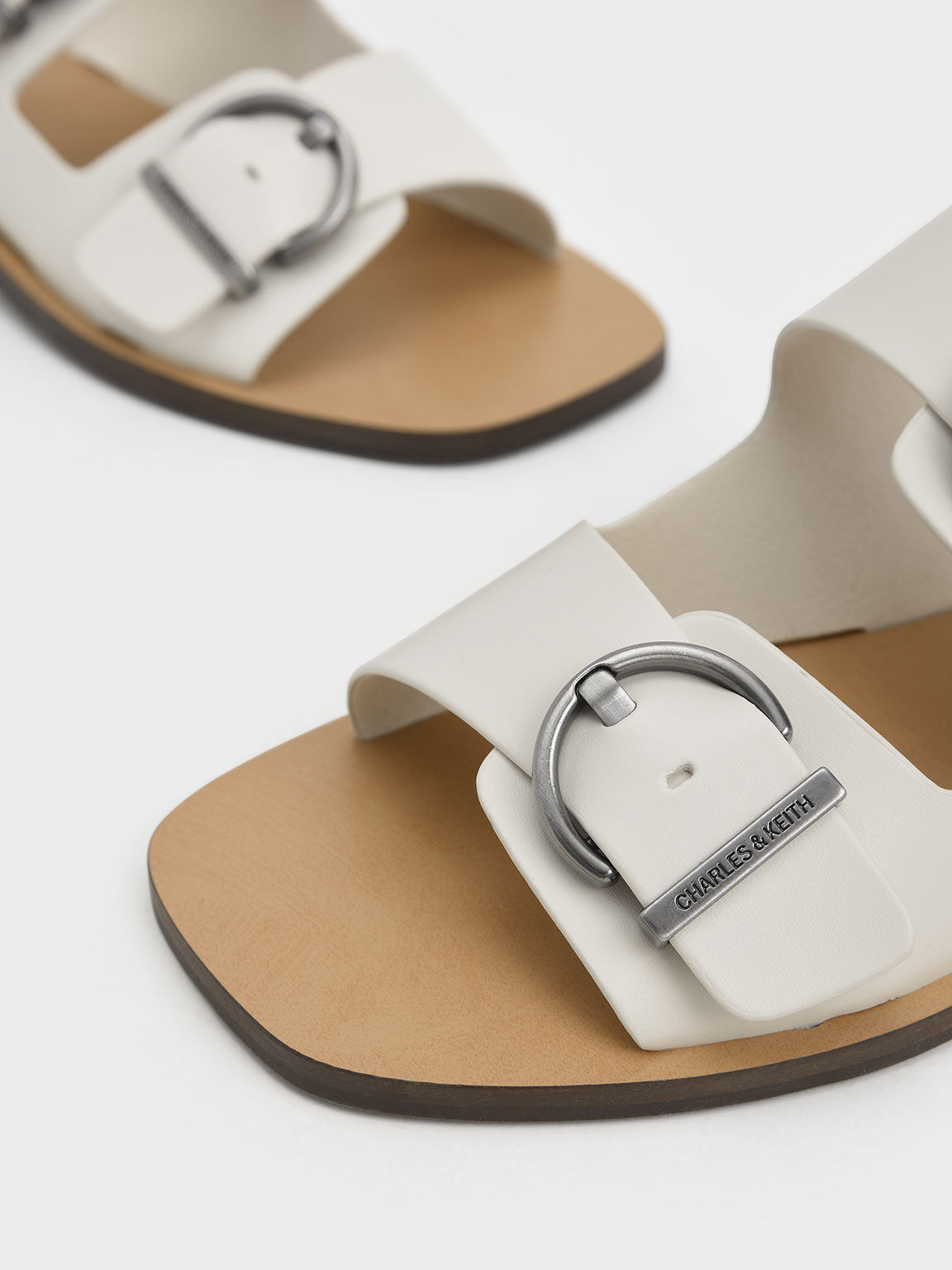 Double Buckle Strap Slide Sandals, White, hi-res