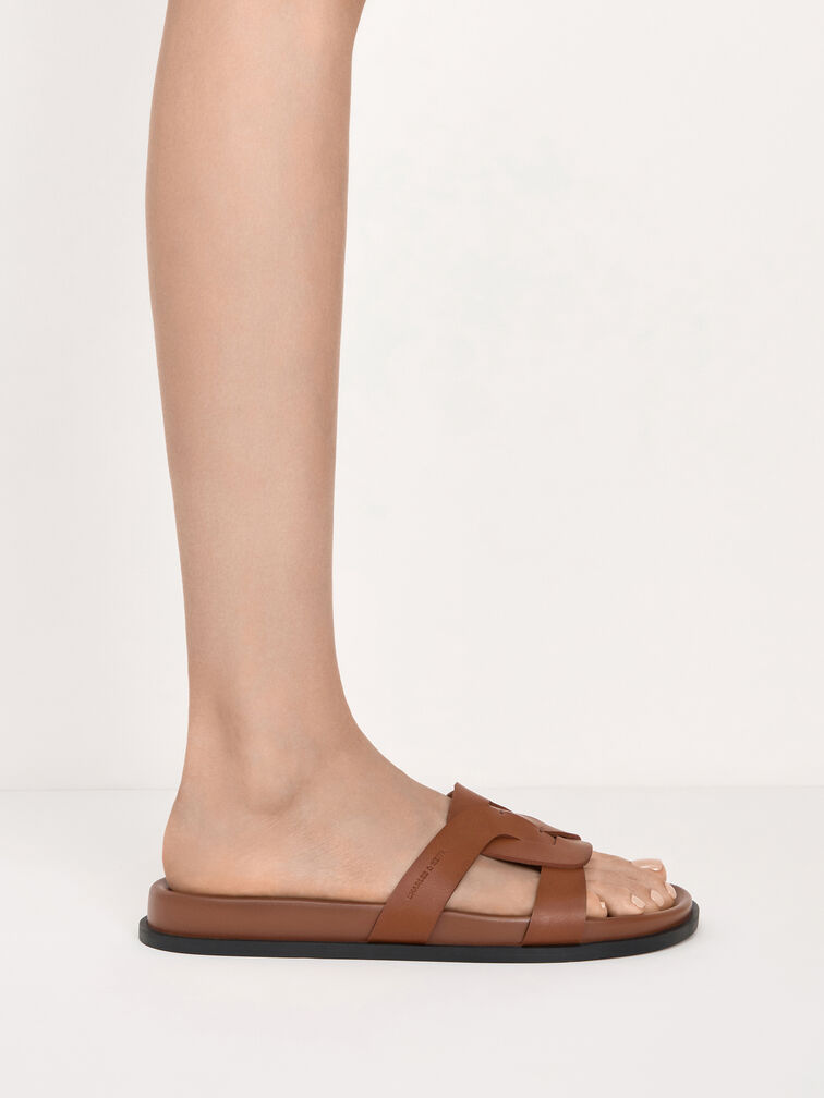 Interwoven Cut-Out Slide Sandals, Brown, hi-res