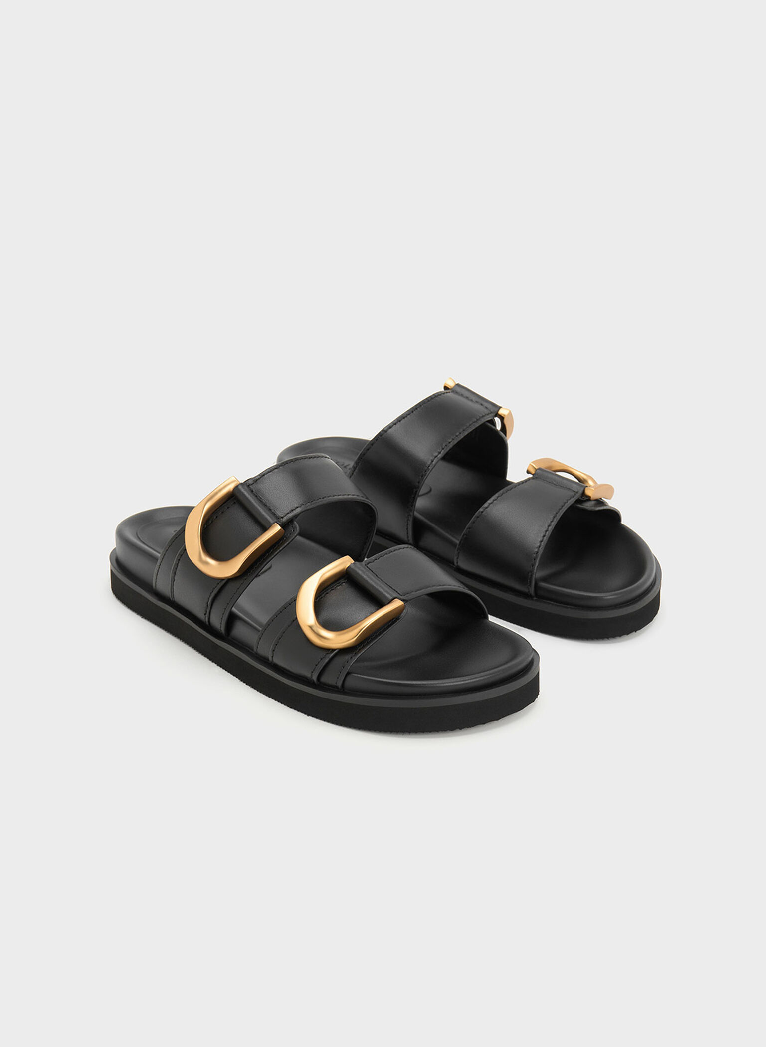 Gabine Buckled Leather Slides, Black, hi-res