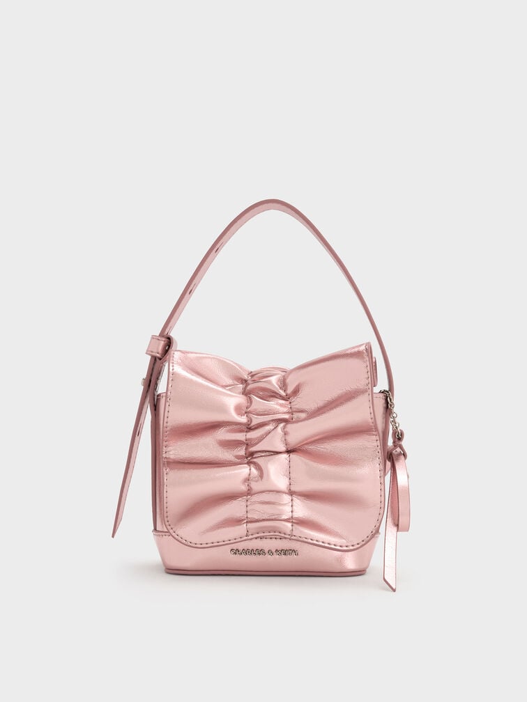 Kadee Metallic Bow-Charm Ruched Mini Bag, Aura Pink, hi-res