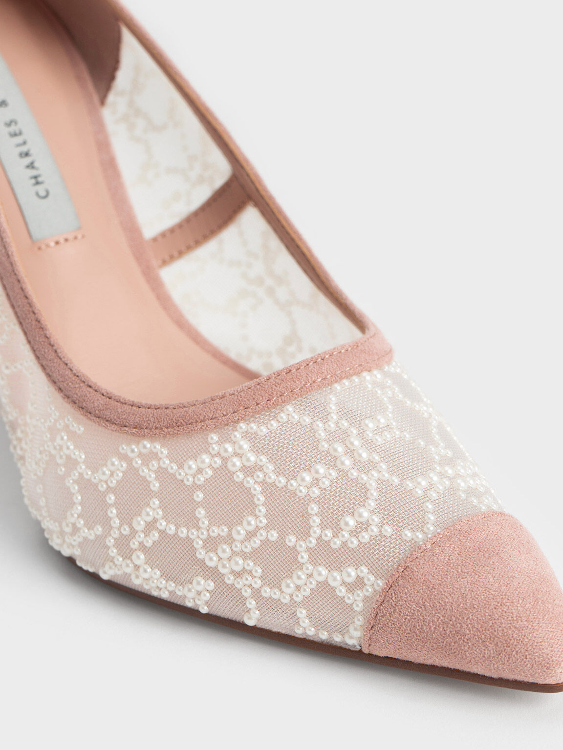 Bead Embellished Mesh Pumps Nude