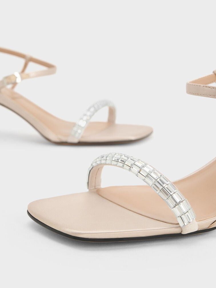 Recycled Polyester Gem-Embellished Ankle-Strap Sandals, Cream, hi-res