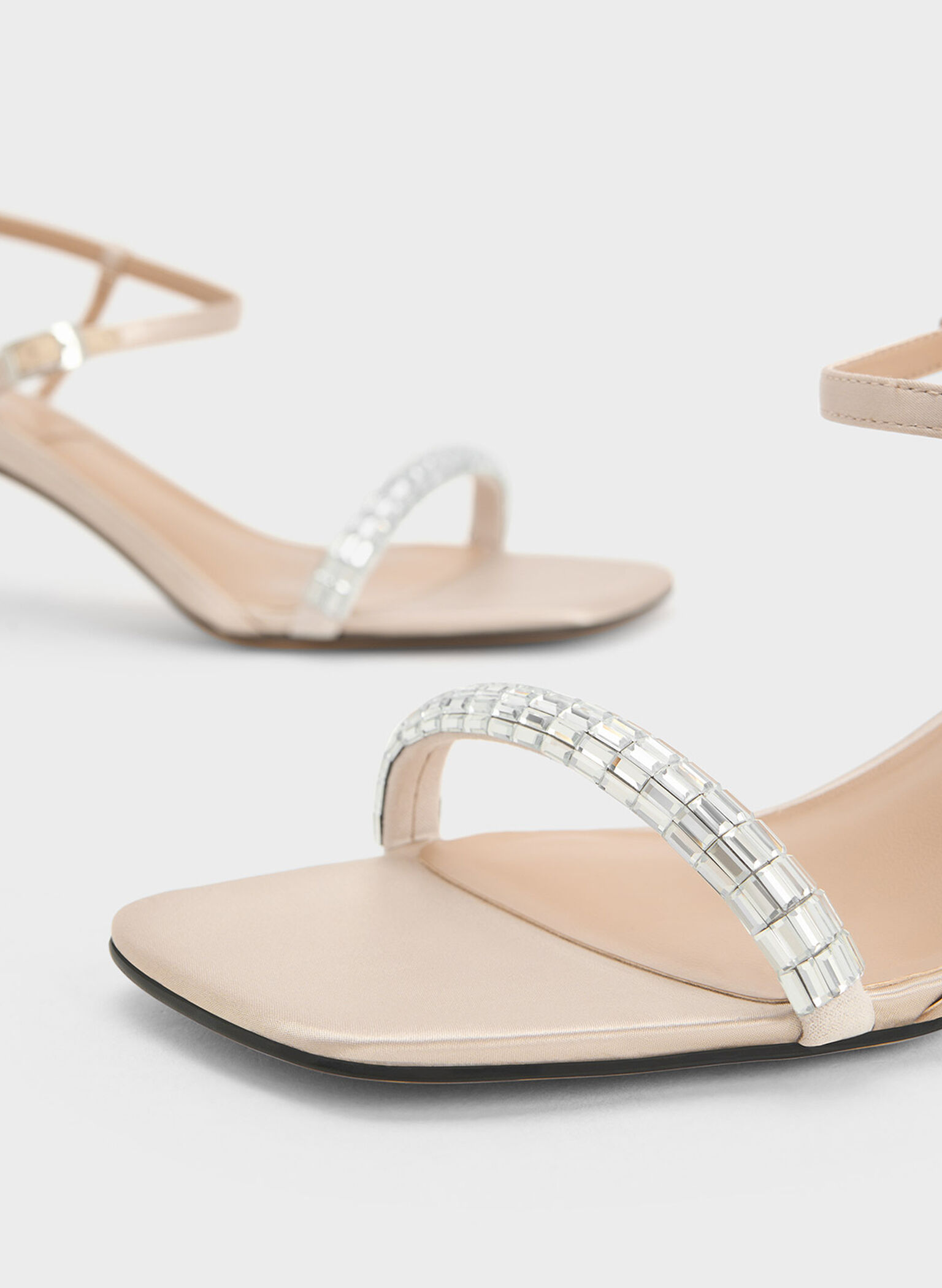 Recycled Polyester Gem-Embellished Ankle-Strap Sandals, Cream, hi-res
