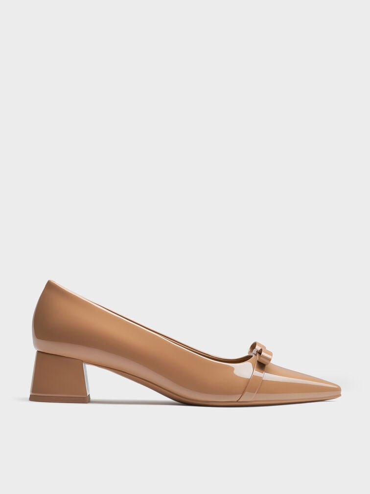 Dorian Patent Bow Pointed-Toe Block-Heel Pumps, Caramel, hi-res