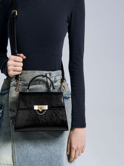 Tallulah Snake-Print Trapeze Top Handle Bag, Black, hi-res