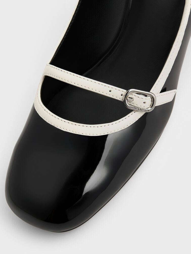 Patent Contrast-Trim Double-Strap Mary Jane Pumps, Black Patent, hi-res