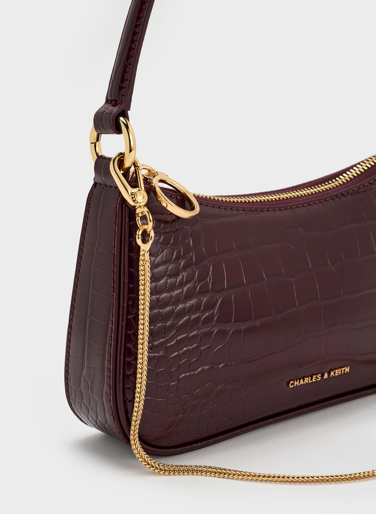 Elspeth Croc-Effect Chain-Link Shoulder Bag, Maroon Red Croco, hi-res