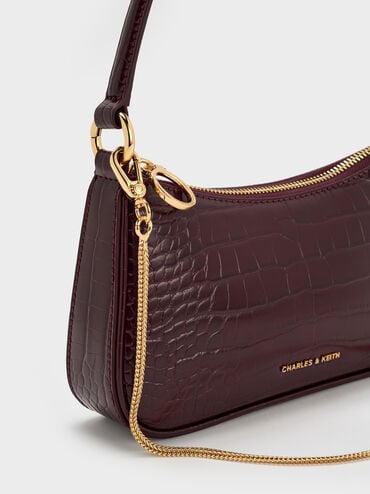 Elspeth Croc-Effect Chain-Link Shoulder Bag, Maroon Red Croco, hi-res