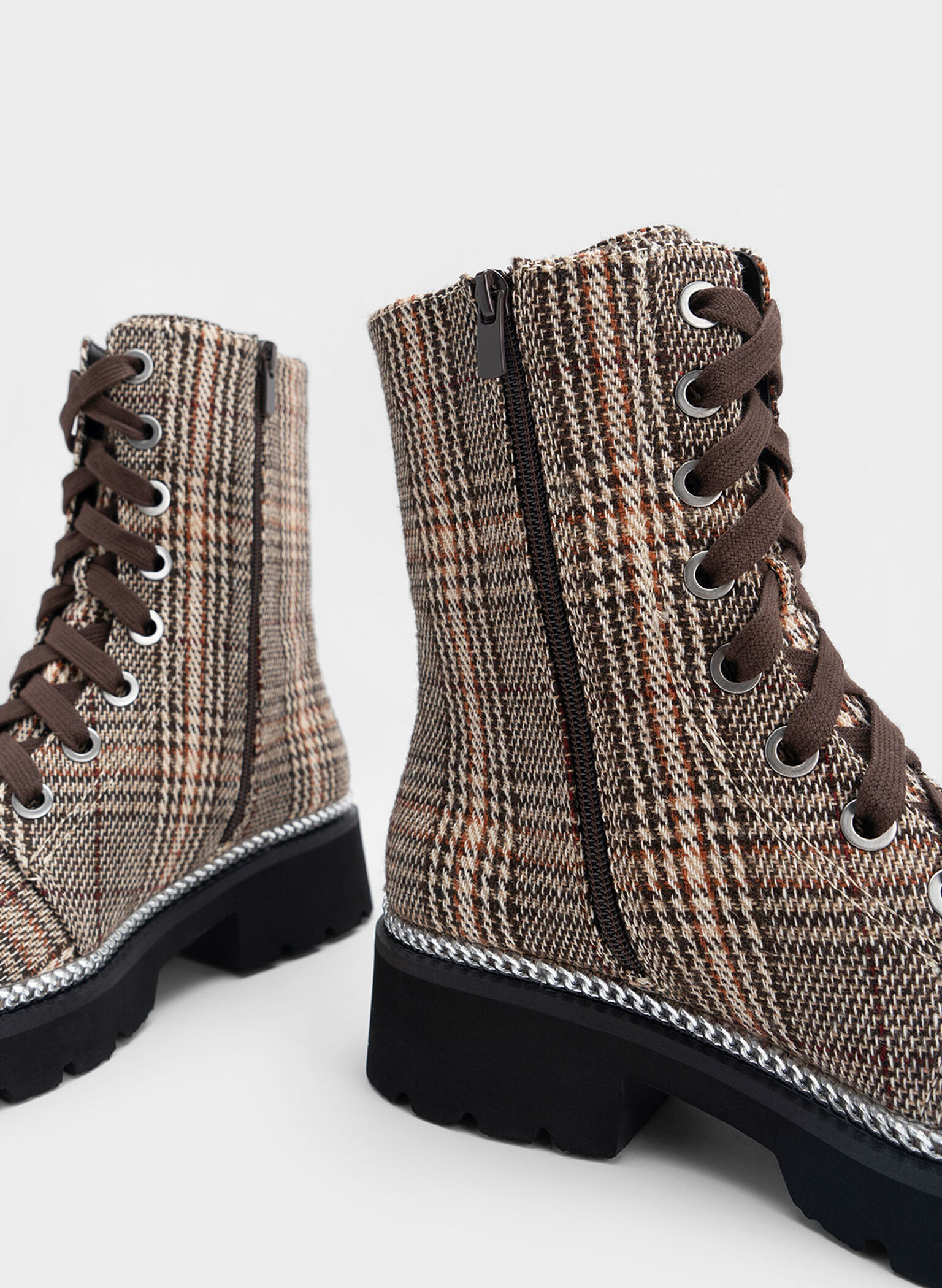 Checkered Chain-Trim Lace-Up Boots, Dark Brown, hi-res