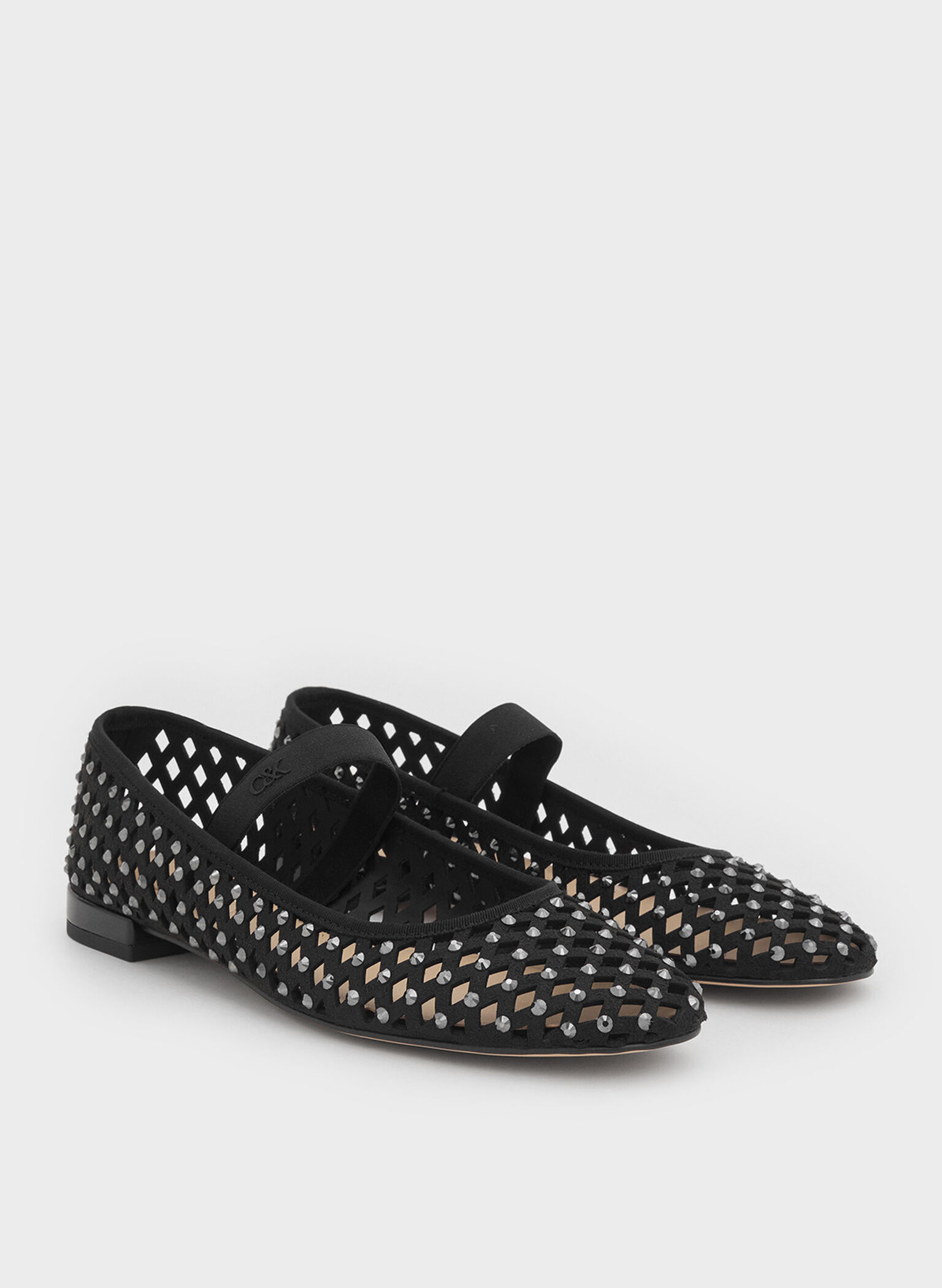 Studded Cut-Out Mary Jane Flats, Black, hi-res