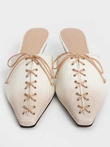Croc-Effect Lace-Up Pointed-Toe Kitten-Heel Mules, Animal Print Natural, hi-res