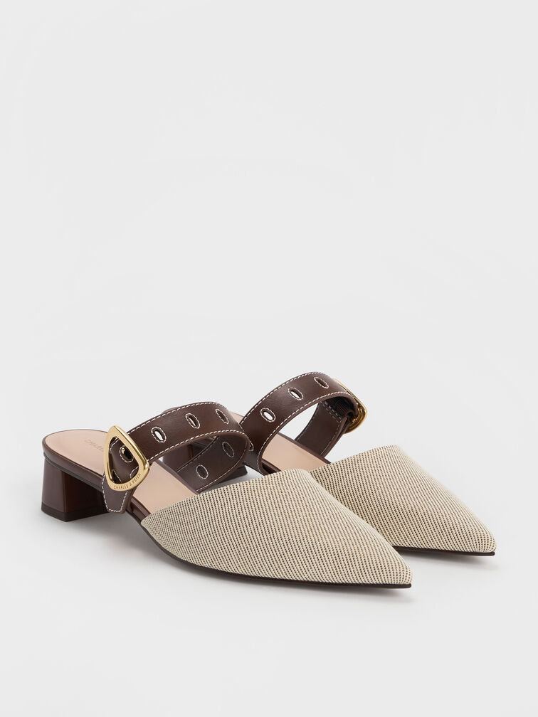 Sepphe Twill Metallic Buckle Pointed-Toe Heeled Mules, Brown, hi-res