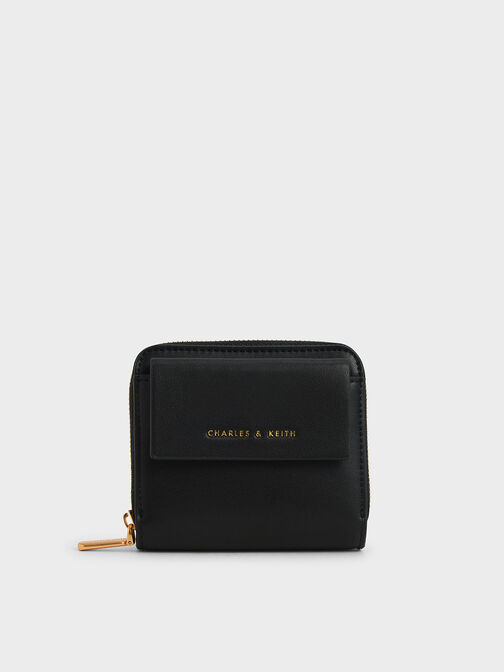 Front Flap Zip-Around Mini Wallet, Black, hi-res
