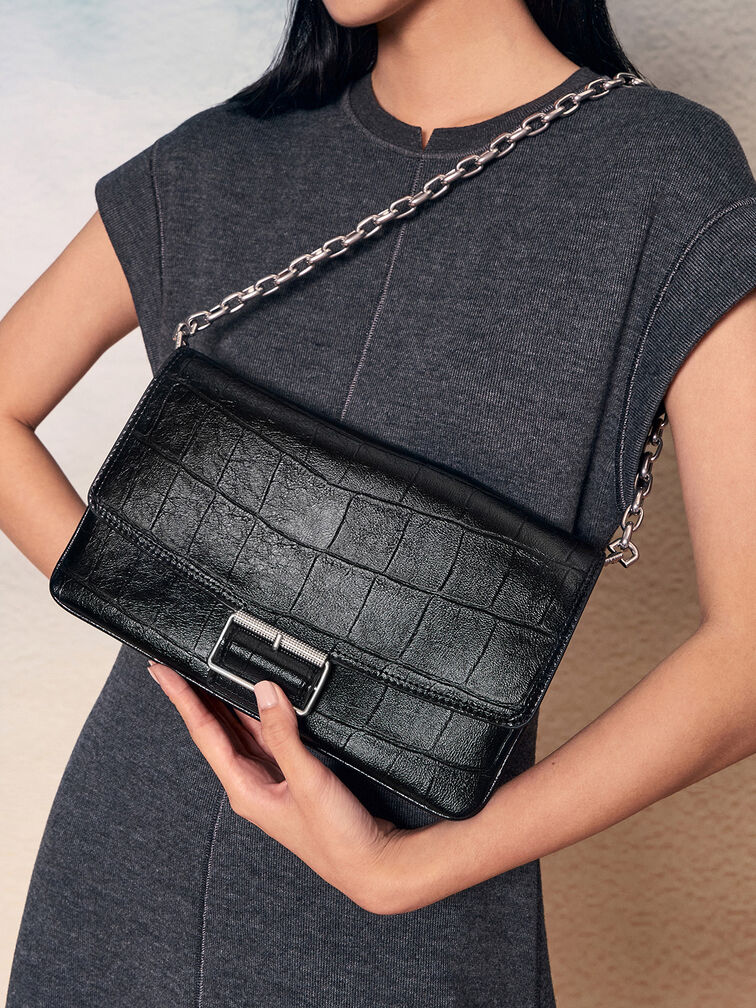 Liv Croc-Effect Grommet Chain-Handle Shoulder Bag, Noir, hi-res