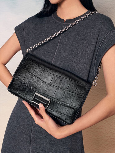 Liv Croc-Effect Grommet Chain-Handle Shoulder Bag, Noir, hi-res