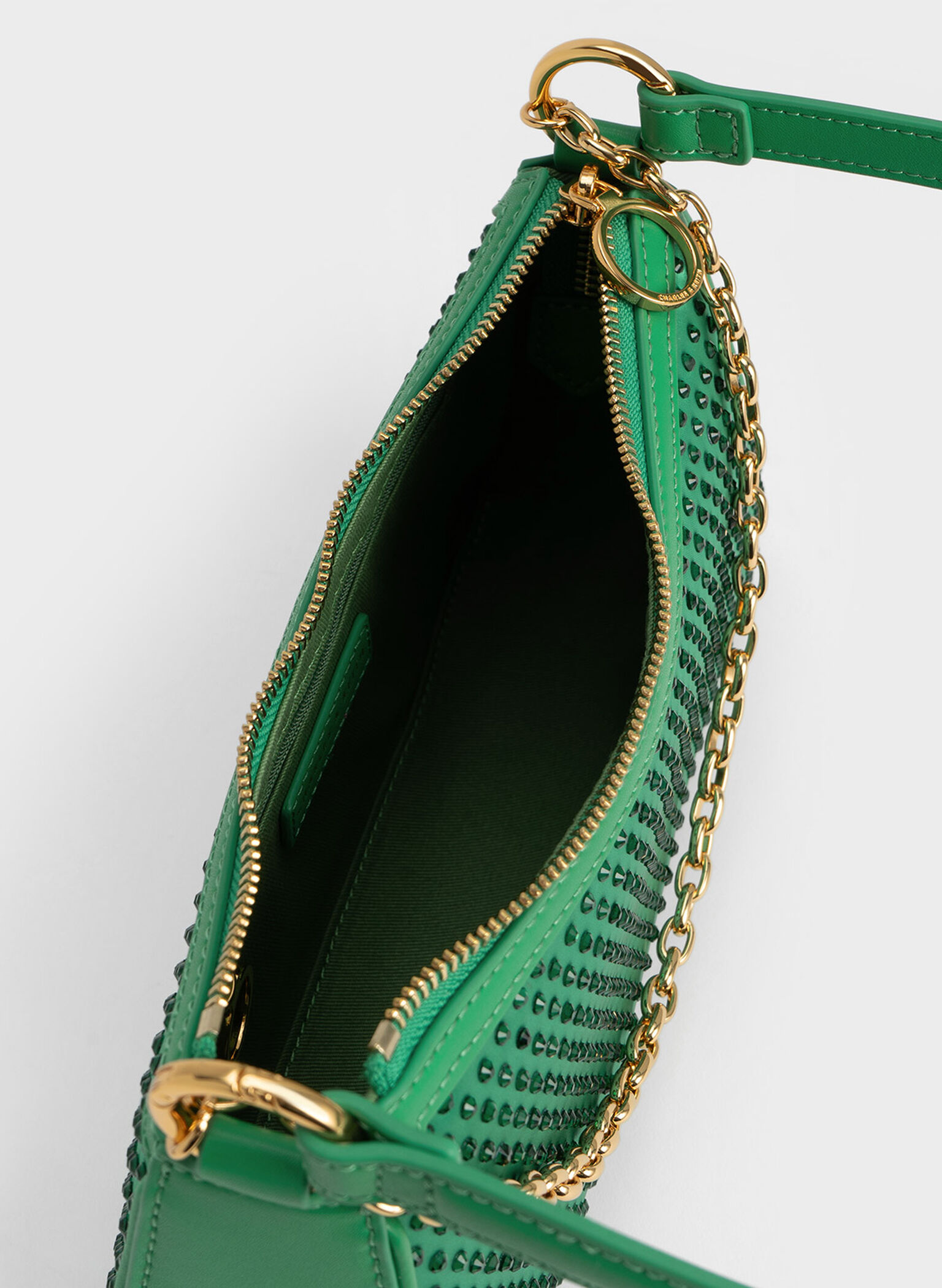 Crystal-Embellished Satin Shoulder Bag, Green, hi-res