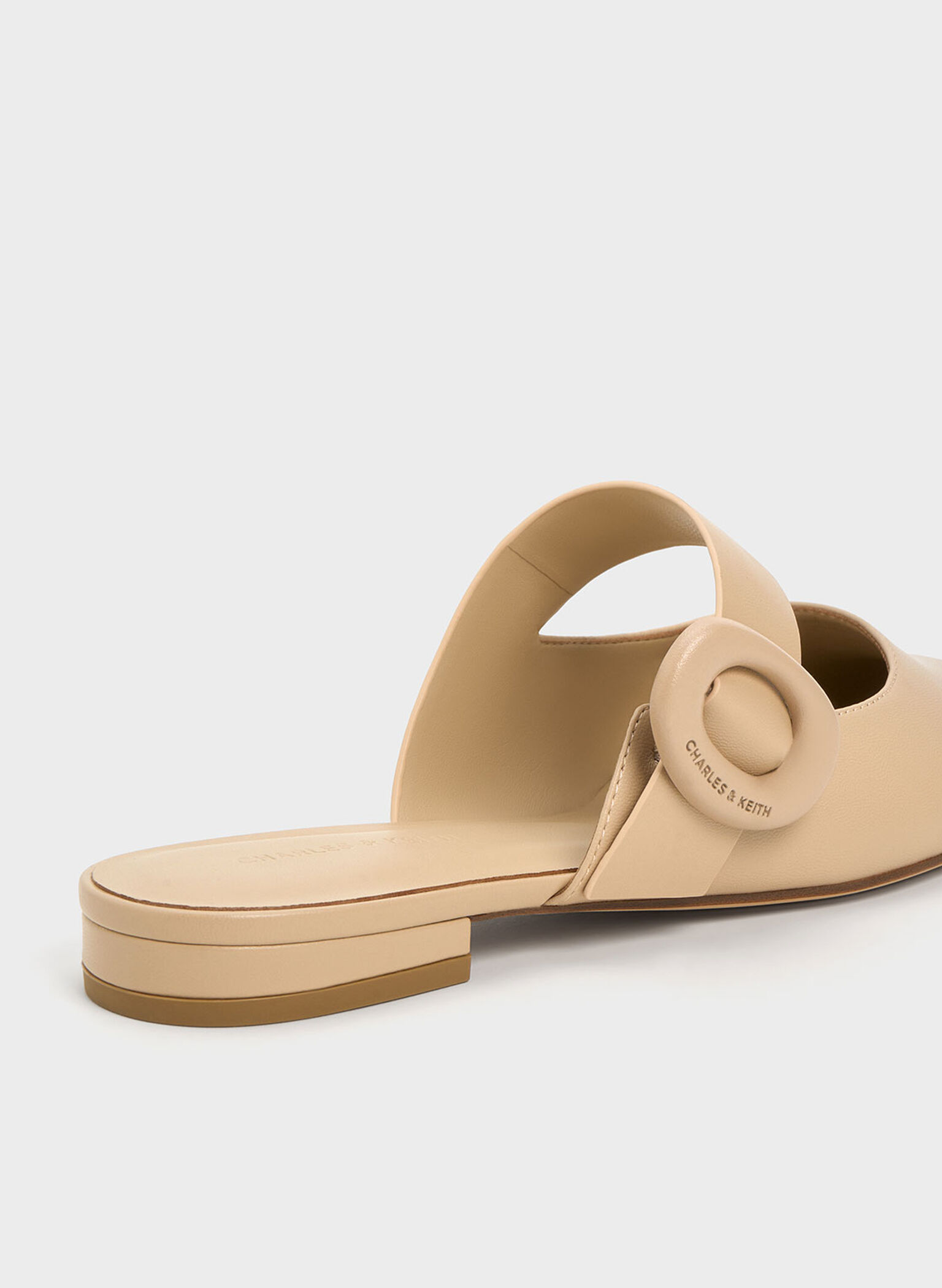 Oval-Buckle Flat Mules, Beige, hi-res