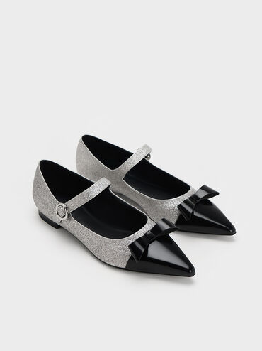 Leather Glittered Bow Mary Jane Flats, Silver, hi-res