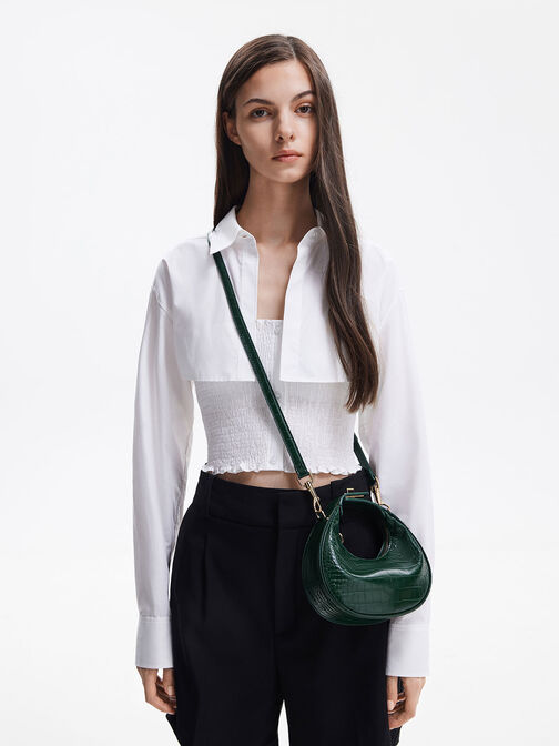 Mini Croc-Effect Moon Bag, Dark Green, hi-res