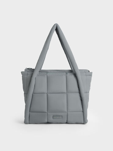 Errya Nylon Quilted Puffy Tote Bag, Grey, hi-res