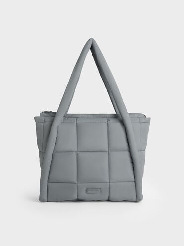 Errya Nylon Quilted Puffy Tote Bag, Grey, hi-res