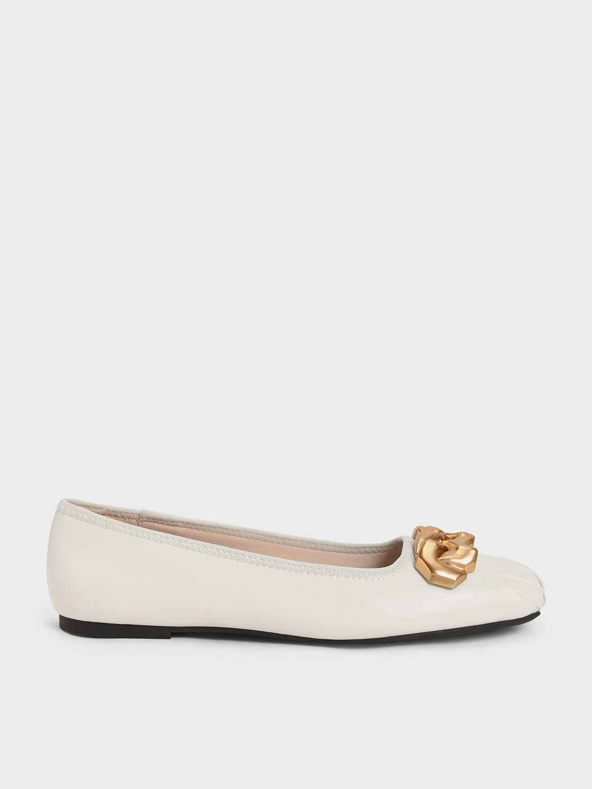 Ruched Square-Toe Chunky Chain-Link Ballerinas, Chalk, hi-res