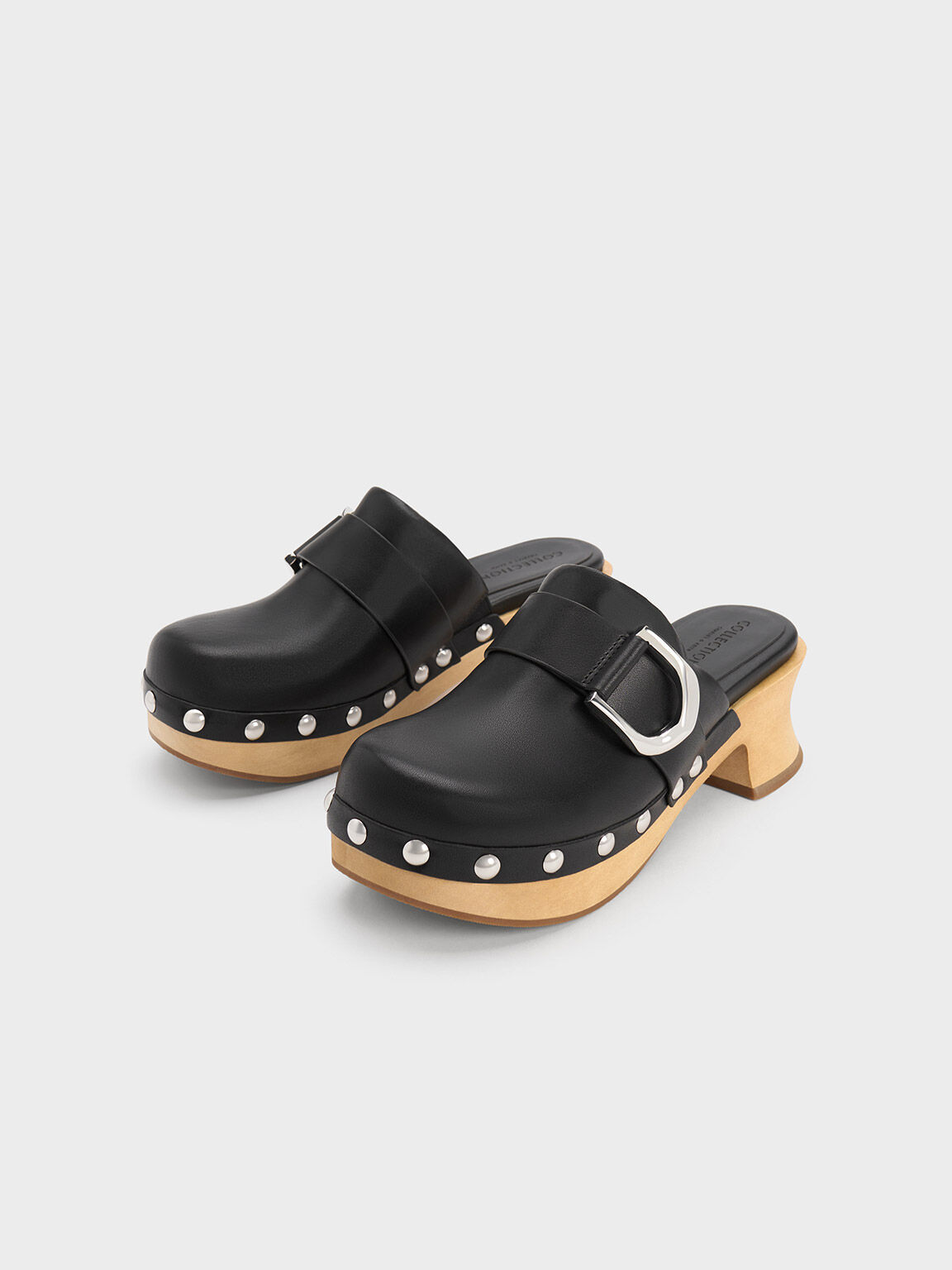 Black Gabine Studded Leather Clogs CHARLES KEITH UK