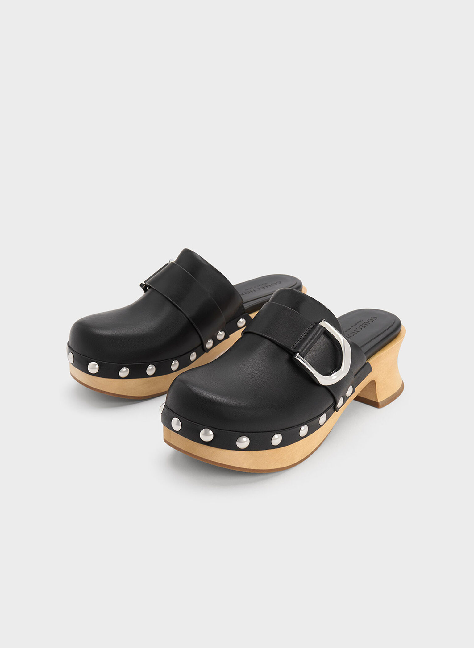 Gabine Studded Leather Clogs, Black, hi-res