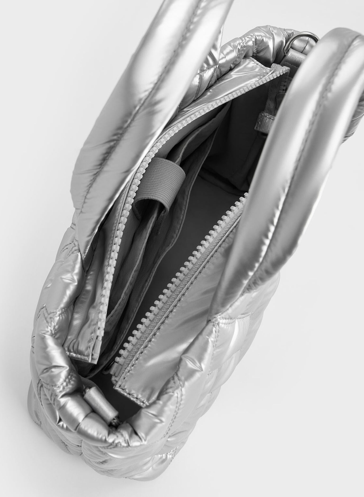 Nylon Chevron Boxy Tote Bag, Silver, hi-res