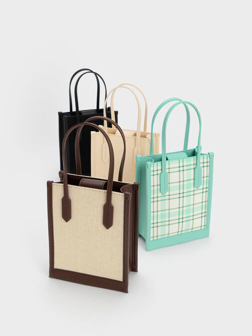 Canvas Geometric Tote Bag, Dark Brown, hi-res