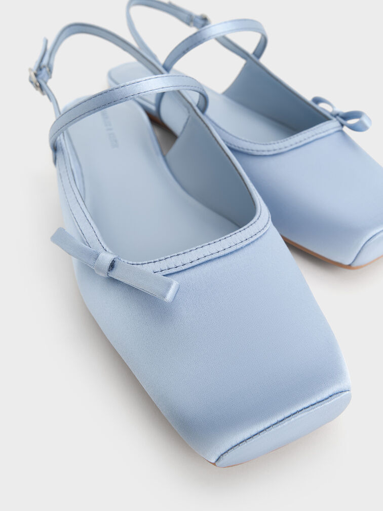 Satin Bow Slingback Mary Jane Flats, Light Blue, hi-res