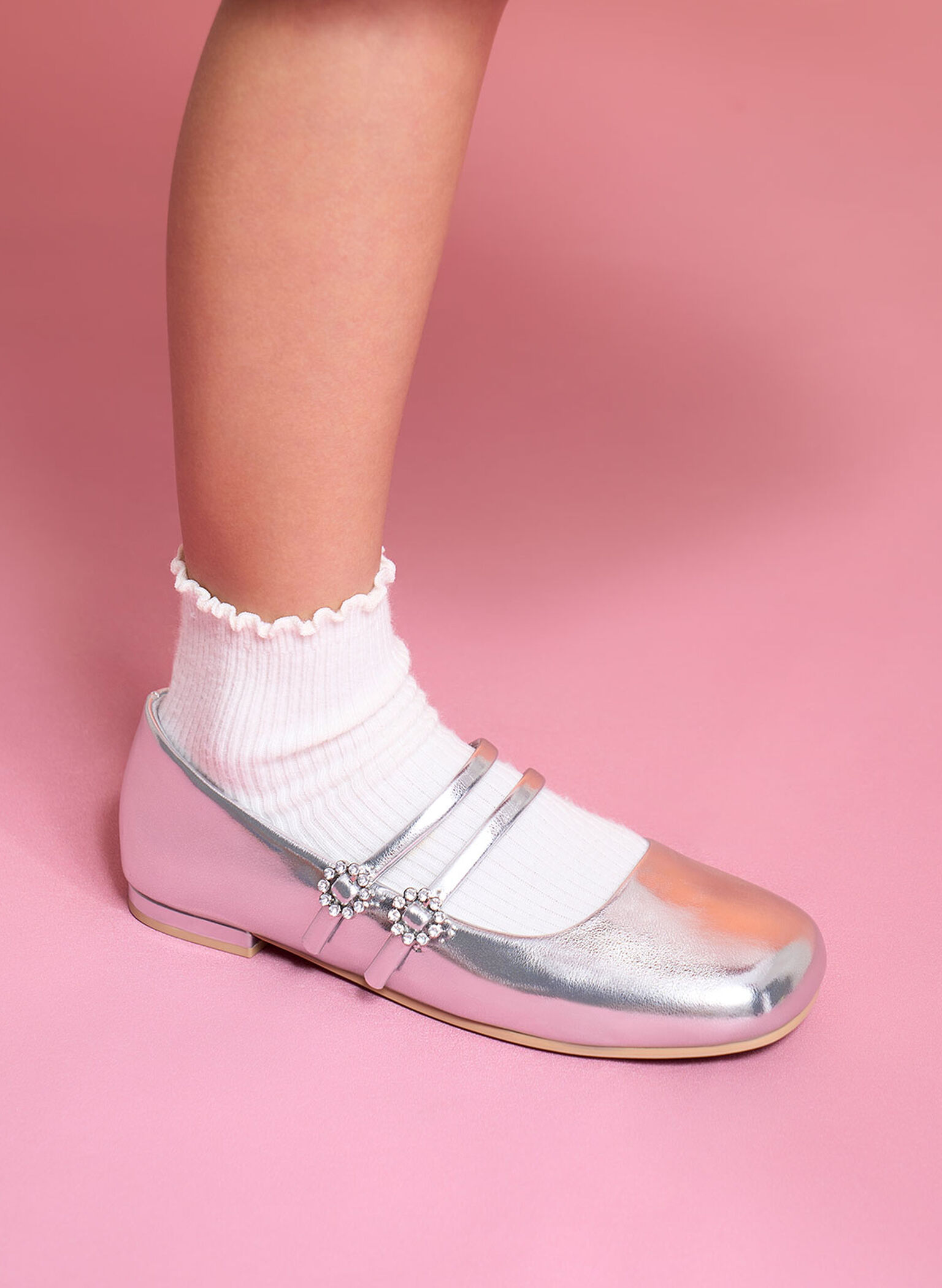Girls' Gem-Embellished Metallic Mary Janes, Silver, hi-res