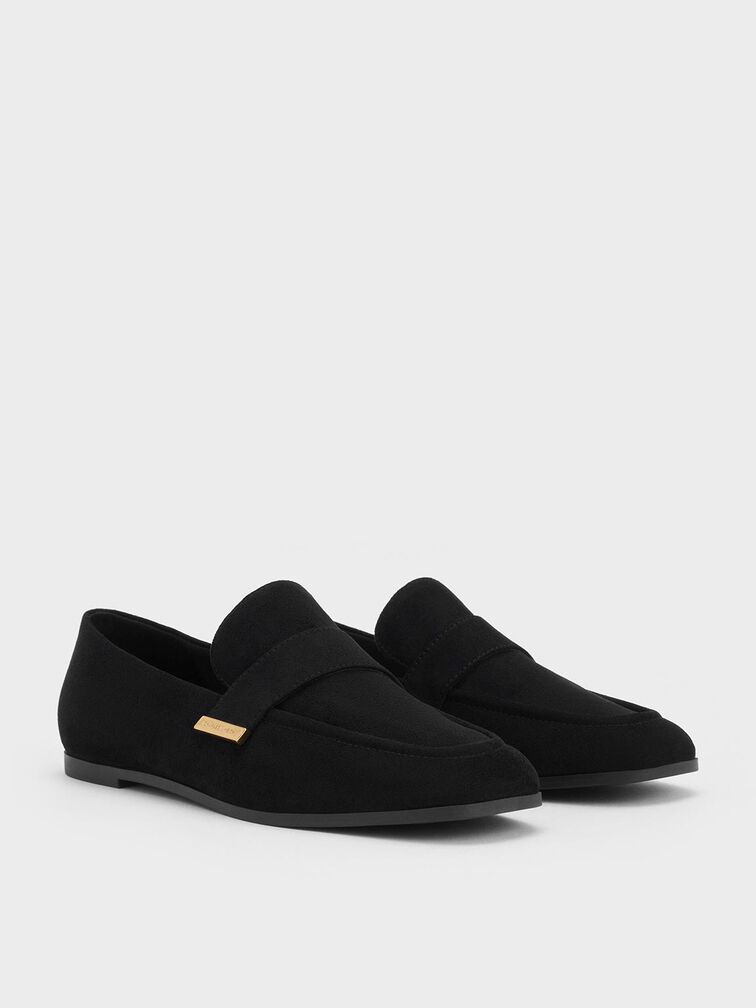 Faux Suede Almond-Toe Flat Loafers, Black Textured, hi-res
