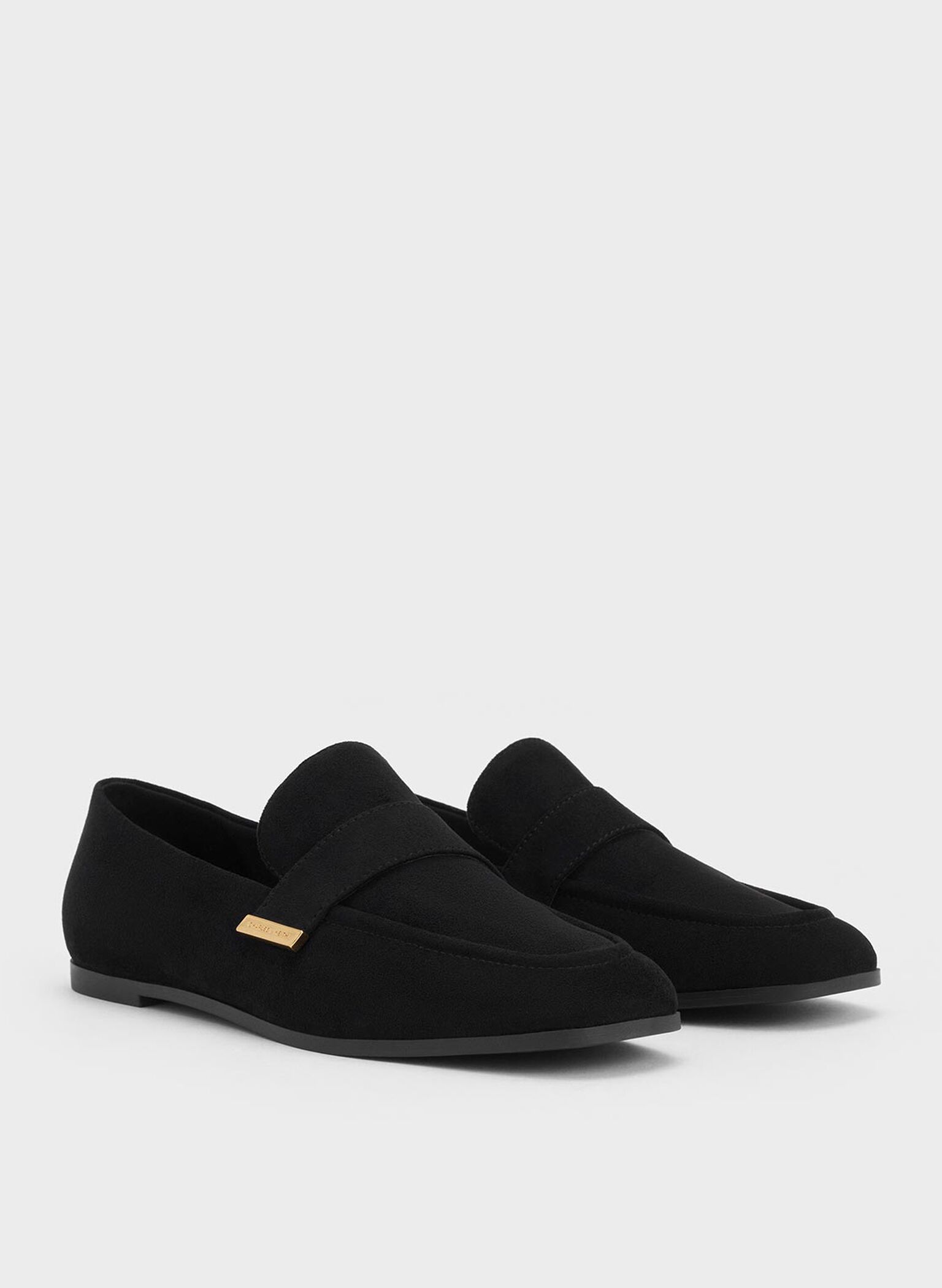 Faux Suede Almond-Toe Flat Loafers, Black Textured, hi-res