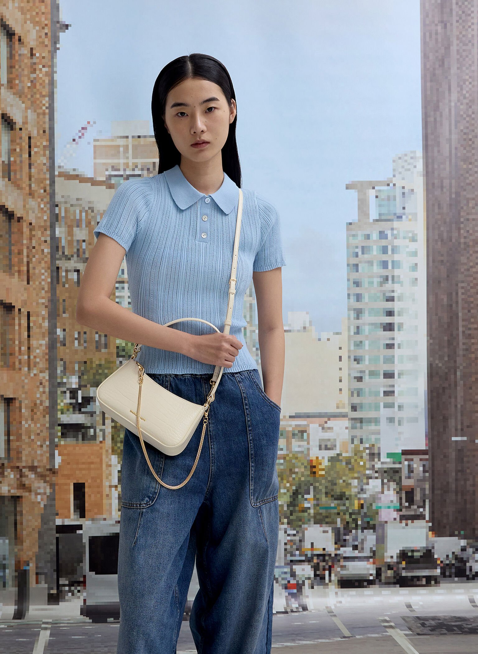 Elspeth Croc-Effect Chain-Link Shoulder Bag, Cream Croco, hi-res