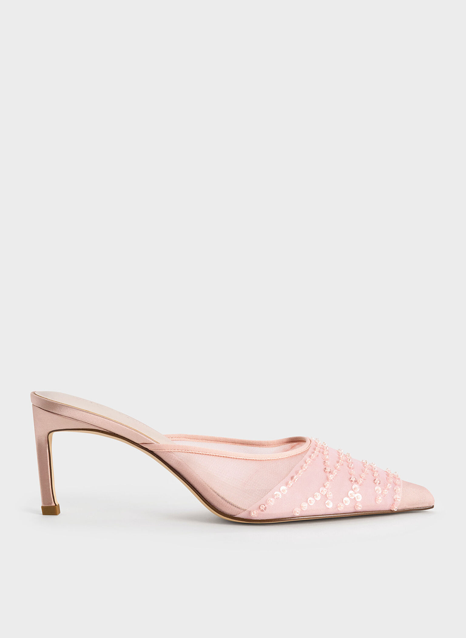 Mesh Sequinned Heeled Mules, Nude, hi-res