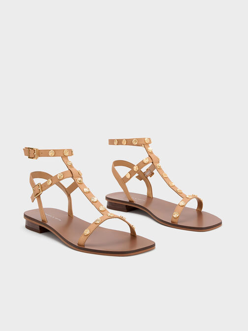 Studded Gladiator Sandals, Camel, hi-res